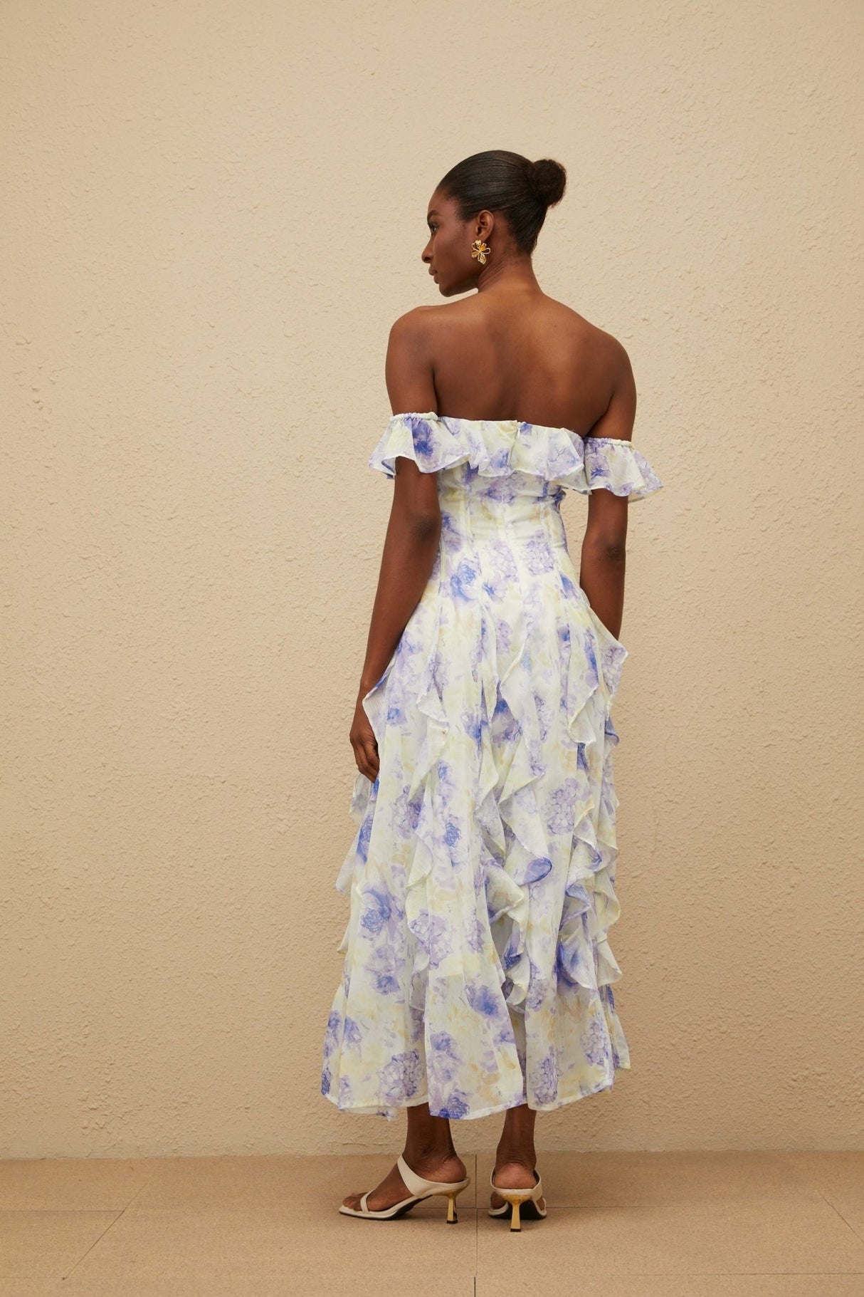 Federica Maxi Dress - Blue Floral Print Off - Shoulder Ruffled Elegant Shirred Floor - Length
