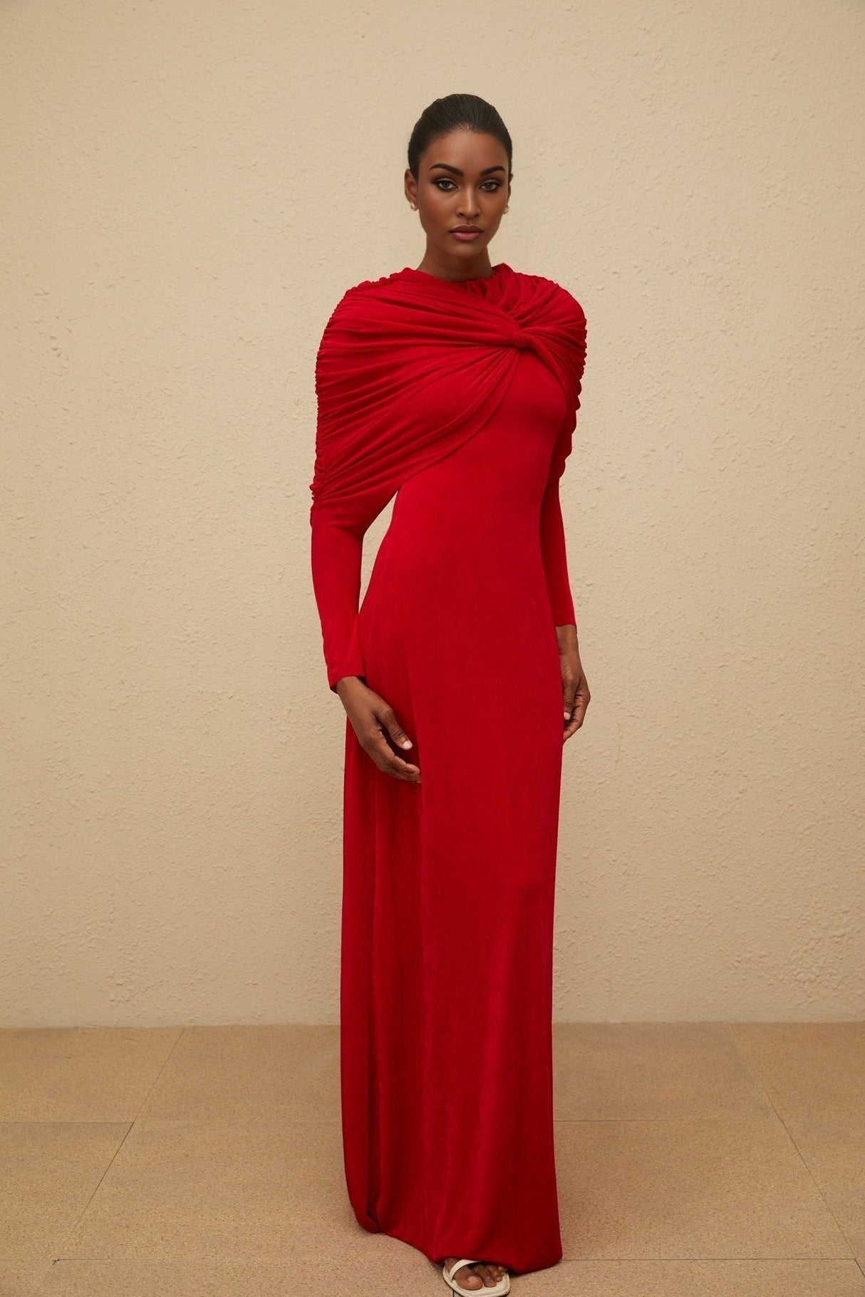 Federica Maxi Dress - Red Cape Design - Ruched Detail - Long Sleeves