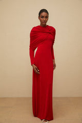 Federica Maxi Dress - Red Cape Design - Ruched Detail - Long Sleeves