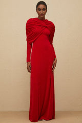 Federica Maxi Dress - Red Cape Design - Ruched Detail - Long Sleeves