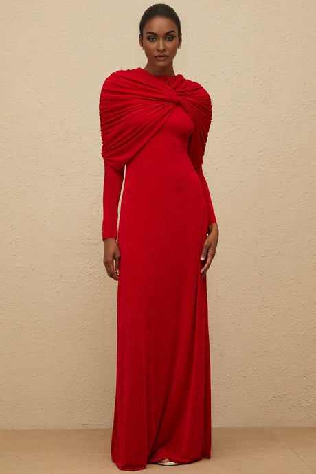 Federica Maxi Dress - Red Cape Design - Ruched Detail - Long Sleeves