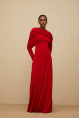 Federica Maxi Dress - Red Cape Design - Ruched Detail - Long Sleeves