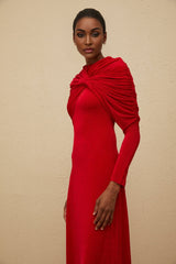 Federica Maxi Dress - Red Cape Design - Ruched Detail - Long Sleeves