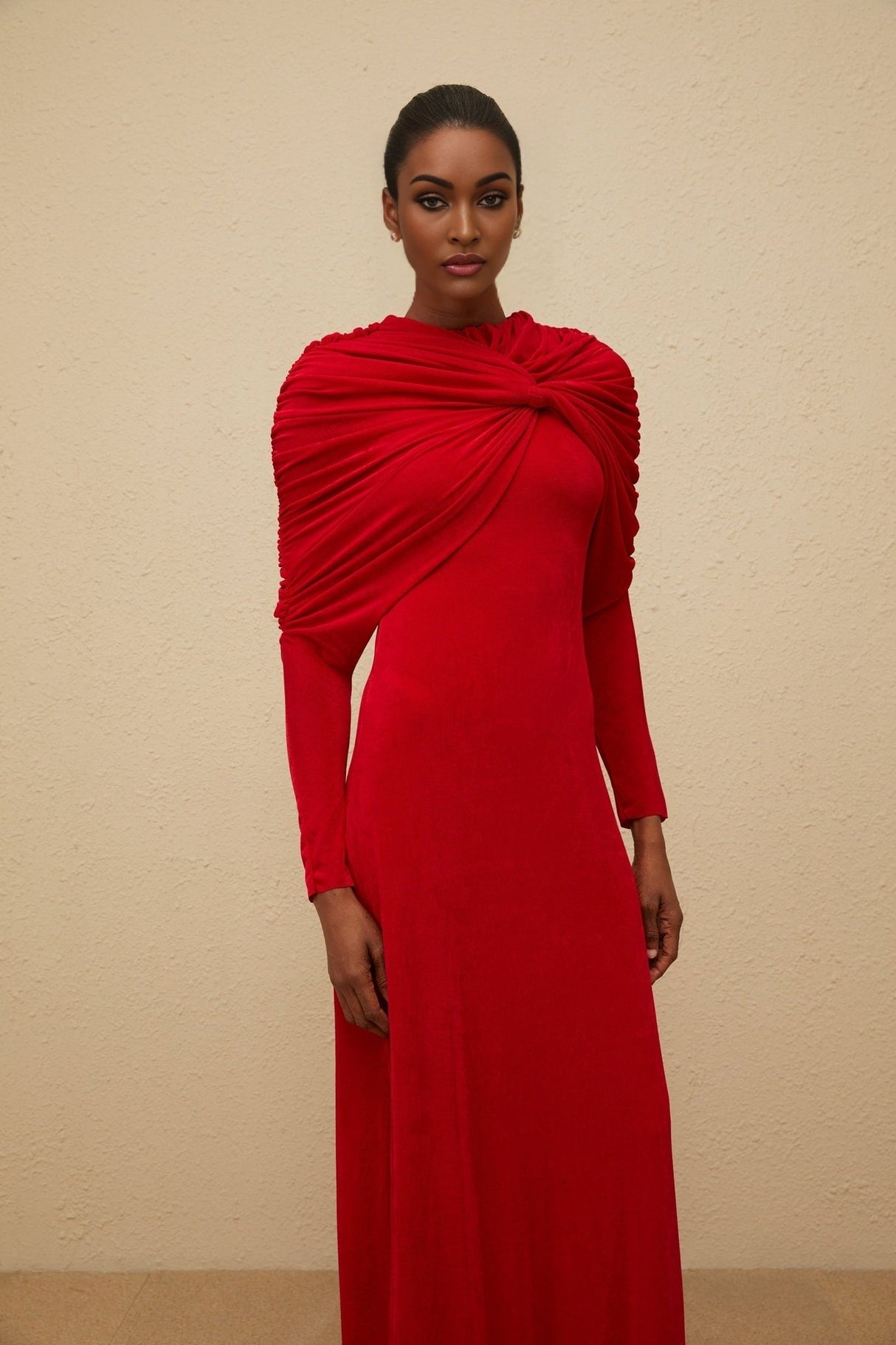 Federica Maxi Dress - Red Cape Design - Ruched Detail - Long Sleeves