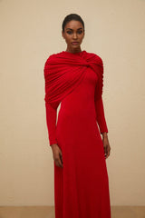 Federica Maxi Dress - Red Cape Design - Ruched Detail - Long Sleeves