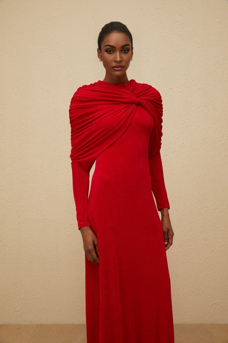 Federica Maxi Dress - Red Cape Design - Ruched Detail - Long Sleeves