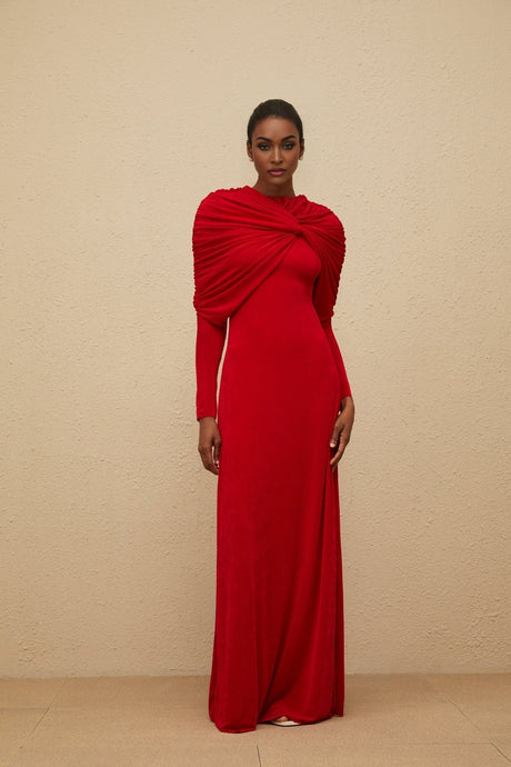 Federica Maxi Dress - Red Cape Design - Ruched Detail - Long Sleeves