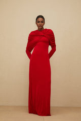 Federica Maxi Dress - Red Cape Design - Ruched Detail - Long Sleeves