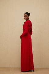 Federica Maxi Dress - Red Cape Design - Ruched Detail - Long Sleeves
