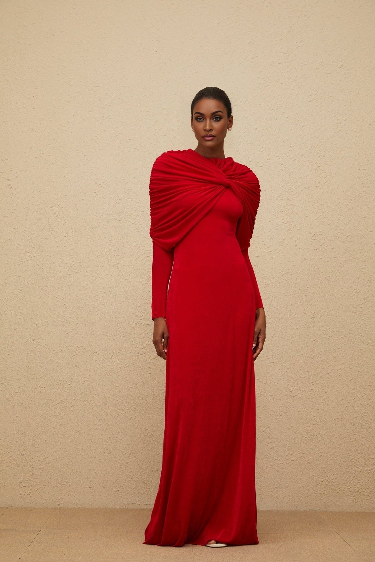Federica Maxi Dress - Red Cape Design - Ruched Detail - Long Sleeves