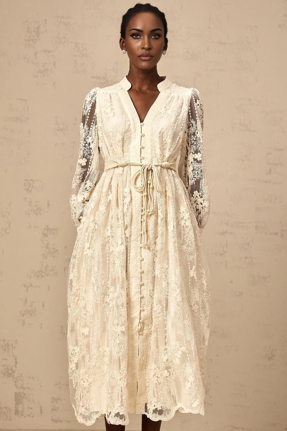 Federica Midi Dress Neutrals Lace - Embroidered & Belted