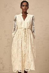 Federica Midi Dress Neutrals Lace - Embroidered & Belted