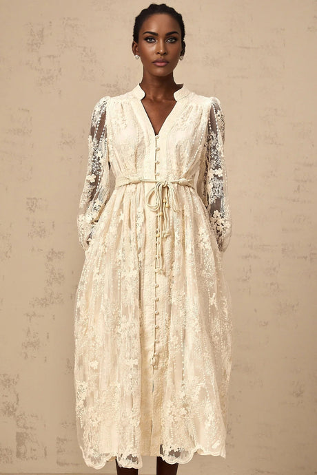 Federica Midi Dress Neutrals Lace - Embroidered & Belted