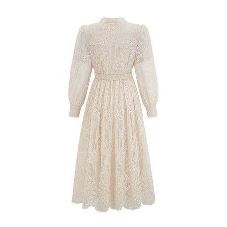 Federica Midi Dress Neutrals Lace - Embroidered & Belted