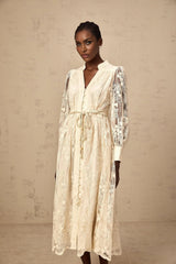 Federica Midi Dress Neutrals Lace - Embroidered & Belted