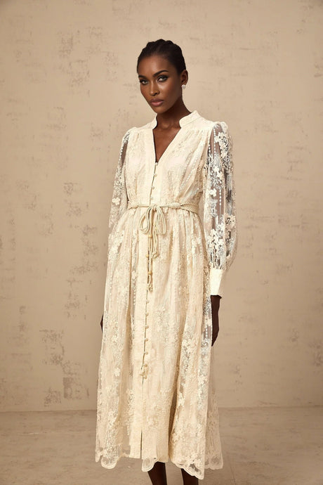 Federica Midi Dress Neutrals Lace - Embroidered & Belted