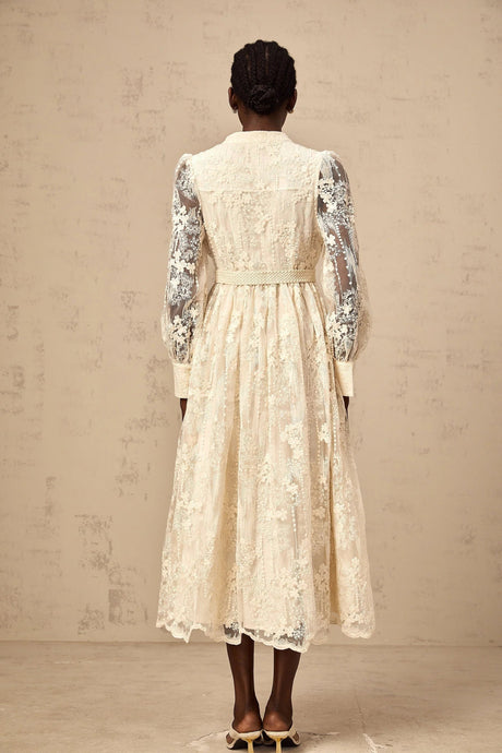 Federica Midi Dress Neutrals Lace - Embroidered & Belted