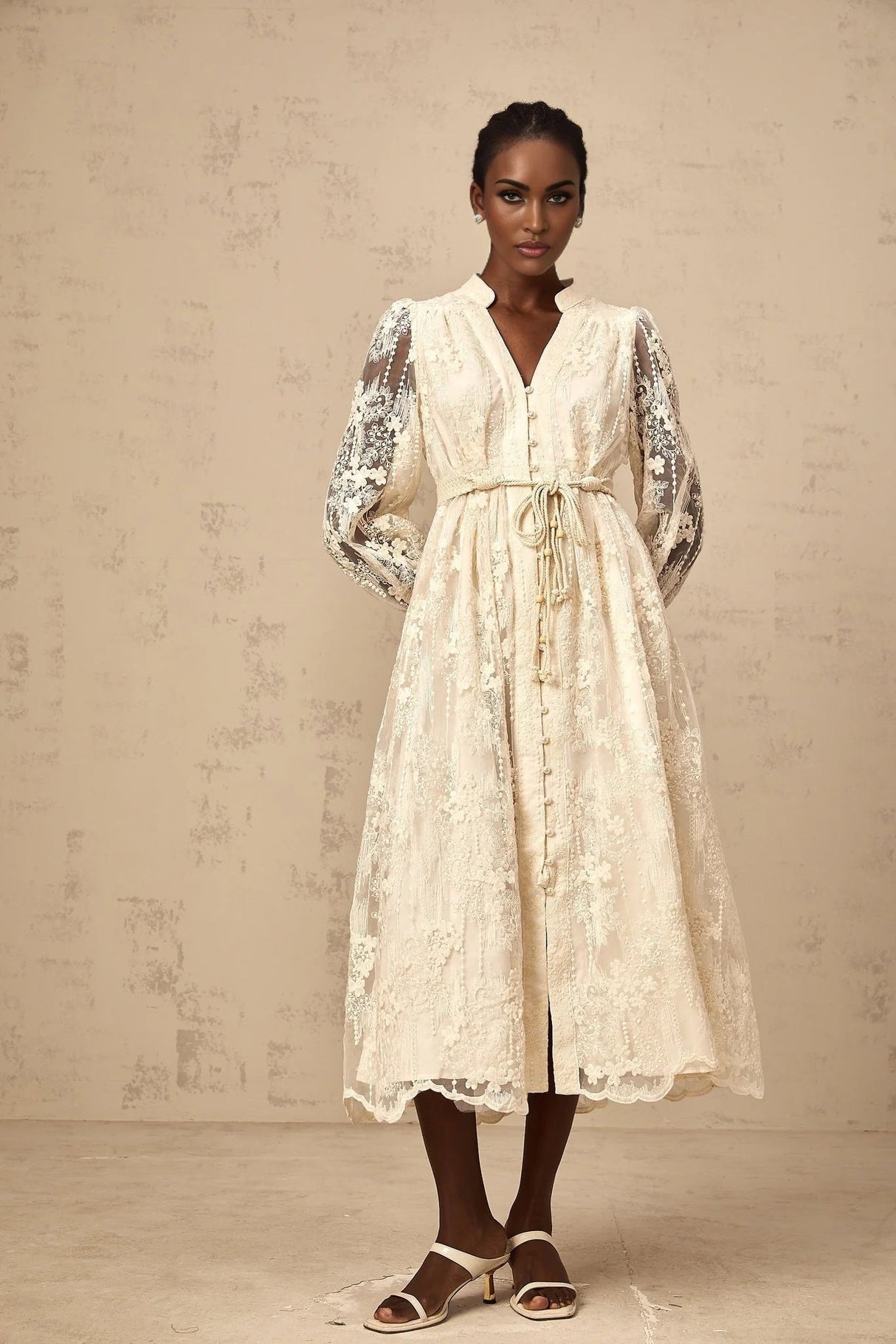 Federica Midi Dress Neutrals Lace - Embroidered & Belted