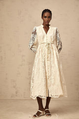 Federica Midi Dress Neutrals Lace - Embroidered & Belted
