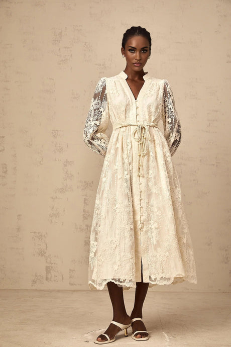 Federica Midi Dress Neutrals Lace - Embroidered & Belted