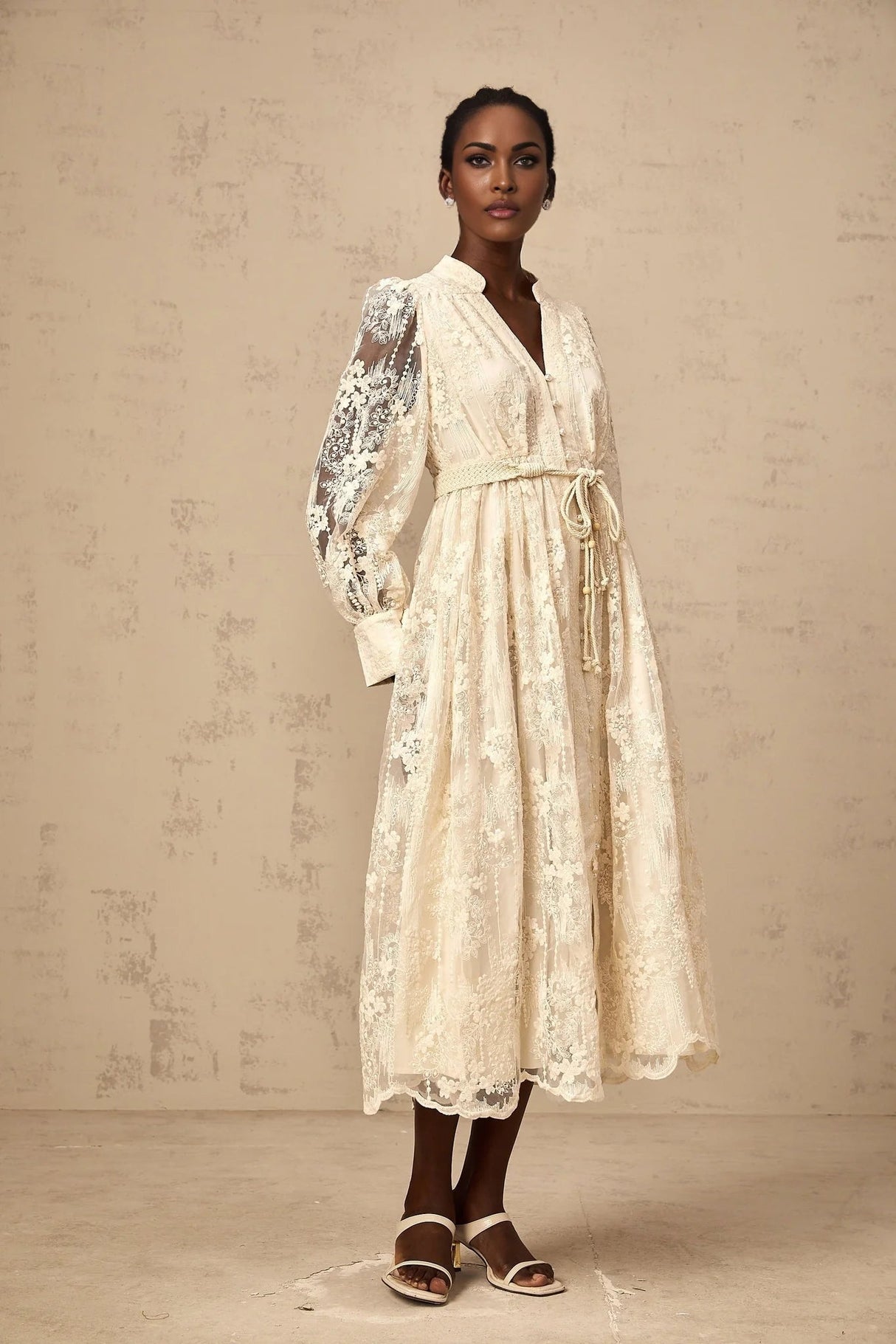 Federica Midi Dress Neutrals Lace - Embroidered & Belted