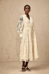 Federica Midi Dress Neutrals Lace - Embroidered & Belted