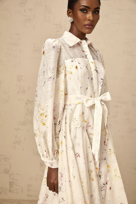 Federica Midi Dress White Floral Print Calf Length Button Fastening