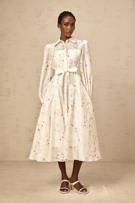Federica Midi Dress White Floral Print Calf Length Button Fastening