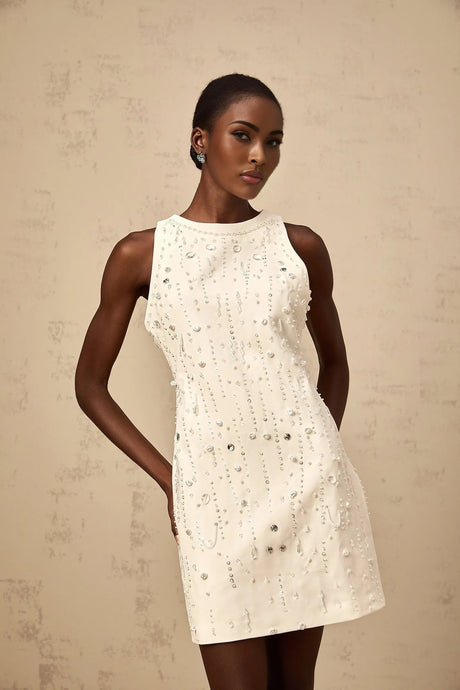 Federica Mini Dress Embellished Crystal Pearls & Sequins White