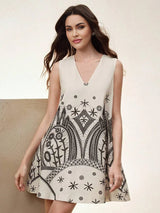 This playful sleeveless dress features a flattering V-neck design and a flared fit, draped in a soft, lightweight fabric.