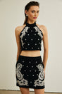 Federica Skirt & Top Set - Sleeveless Round Neck Top - Crystal Embellishments - Open Back Design - Thigh Length Skirt