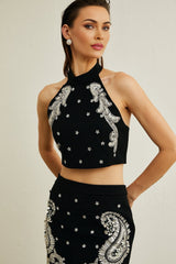 Federica Skirt & Top Set - Sleeveless Round Neck Top - Crystal Embellishments - Open Back Design - Thigh Length Skirt
