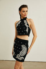 Federica Skirt & Top Set - Sleeveless Round Neck Top - Crystal Embellishments - Open Back Design - Thigh Length Skirt