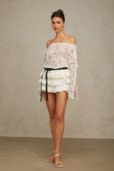 Federica Top & Skirt Set - Off Shoulder - Floral Lace Overlay - Tied Waist - Puff Skirt - Tiered Design
