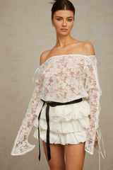 Federica Top & Skirt Set - Off Shoulder - Floral Lace Overlay - Tied Waist - Puff Skirt - Tiered Design