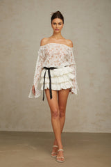 Federica Top & Skirt Set - Off Shoulder - Floral Lace Overlay - Tied Waist - Puff Skirt - Tiered Design