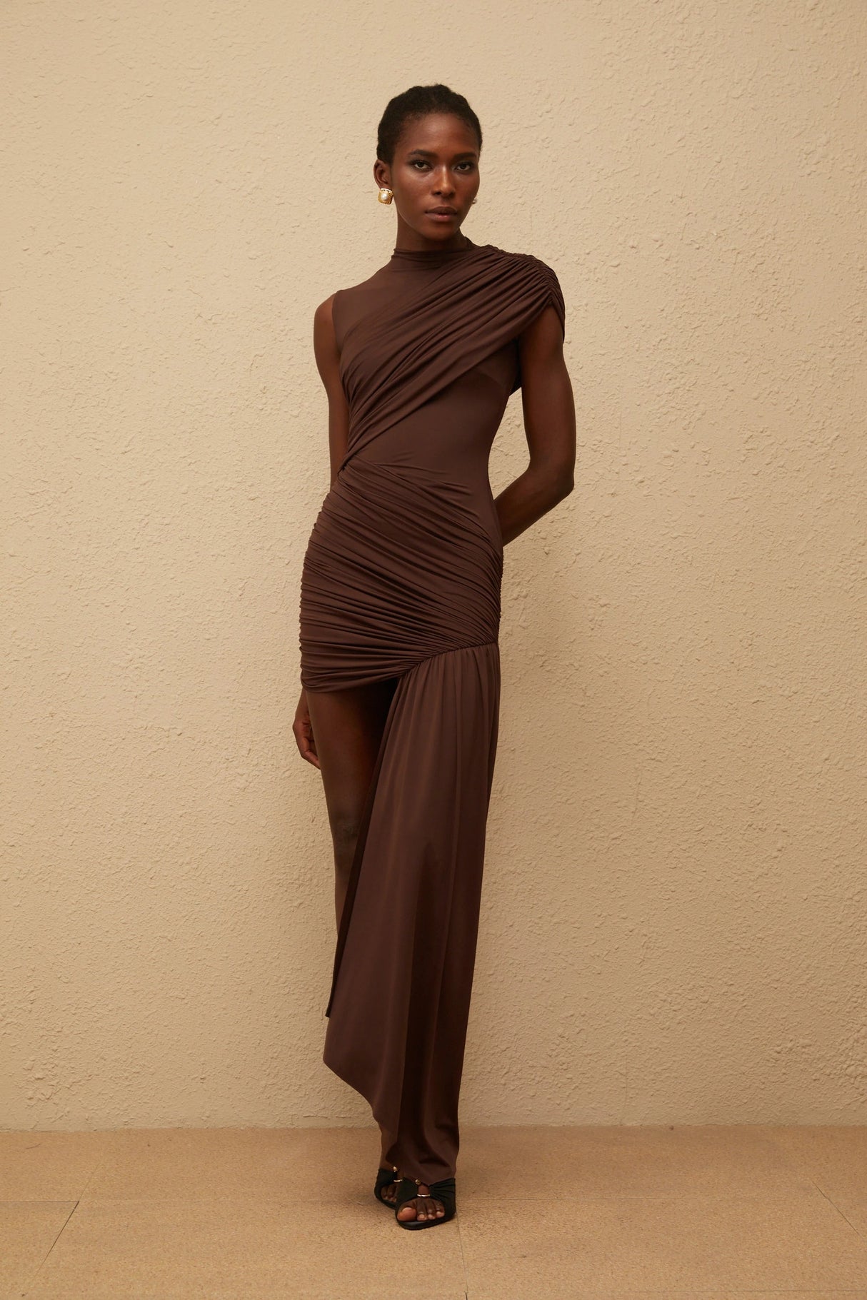 Fée Brown Asymmetrical Ruched Mini Dress