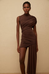 Fée Brown Asymmetrical Ruched Mini Dress