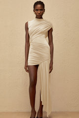 Fée Neutral Asymmetrical Ruched Mini Dress