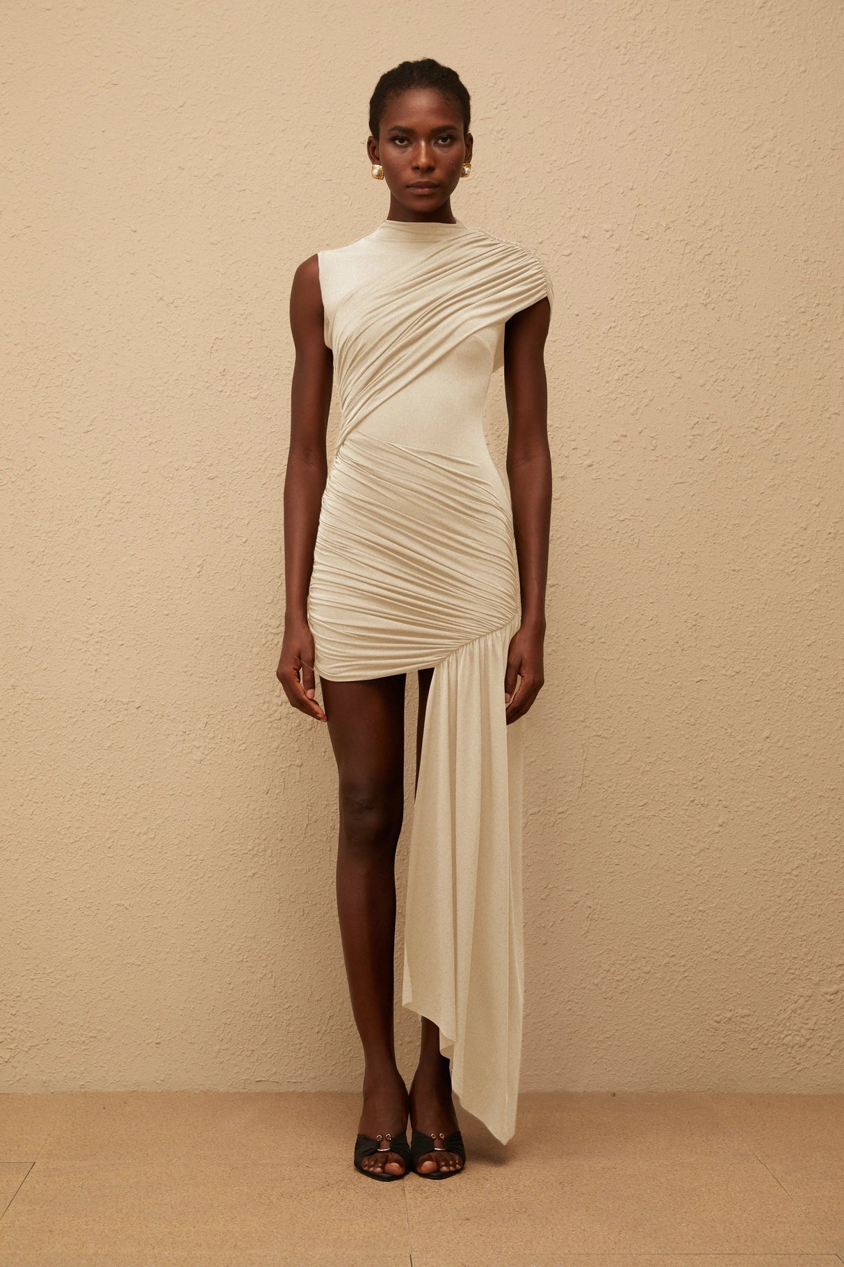 Fée Neutral Asymmetrical Ruched Mini Dress