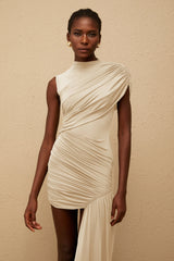 Fée Neutral Asymmetrical Ruched Mini Dress