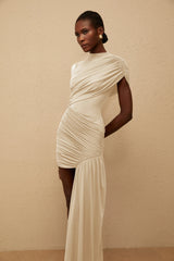 Fée Neutral Asymmetrical Ruched Mini Dress