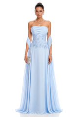 Felicie Blue Ruched Maxi Dress With Cape