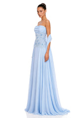 Felicie Blue Ruched Maxi Dress With Cape