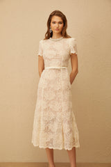 Félicie White Embellished Floral Lace Midi Dress