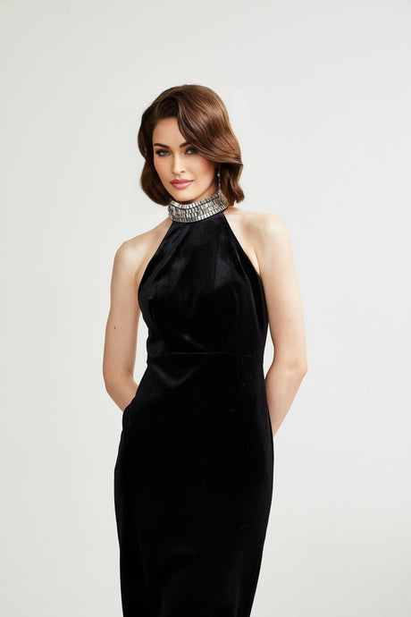 Felicita Sleeveless Roll Neck Dress – Crystal Embellished – Side Slit – Ankle Length – Elegant Fit