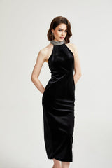 Felicita Sleeveless Roll Neck Dress – Crystal Embellished – Side Slit – Ankle Length – Elegant Fit