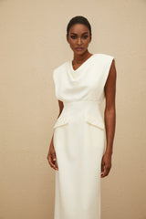 Felicity Midi Dress - Cowl Neck - Cap Sleeves - Pencil Silhouette - Faux Pocket Detailing - Rear Slit