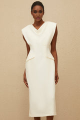 Felicity Midi Dress - Cowl Neck - Cap Sleeves - Pencil Silhouette - Faux Pocket Detailing - Rear Slit