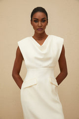 Felicity Midi Dress - Cowl Neck - Cap Sleeves - Pencil Silhouette - Faux Pocket Detailing - Rear Slit